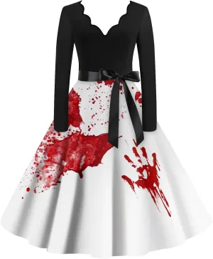 Halloween Dresses for Women Long Sleeve V Neck Plus Size Dress 1950s Cocktail Wrap Costumes