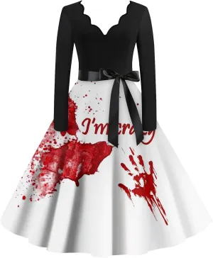 Halloween Dresses for Women Long Sleeve V Neck Plus Size Dress 1950s Cocktail Wrap Costumes