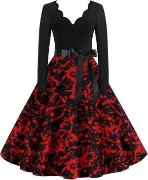 Halloween Dresses for Women Long Sleeve V Neck Plus Size Dress 1950s Cocktail Wrap Costumes
