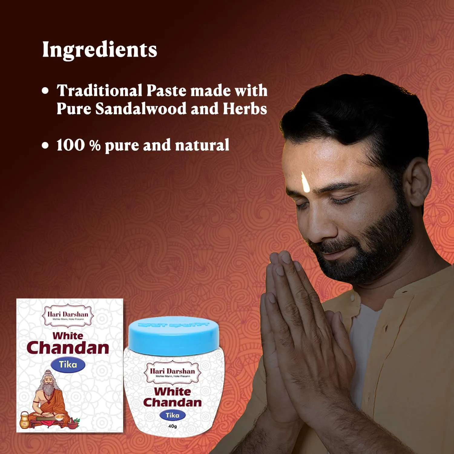 Hari Darshan Safed Chandan Tika - Pack of 6-40g Each | White Chandan Tilak | Pure Sandalwood Paste with Long Lasting Fragrance for Daily Pooja Havan