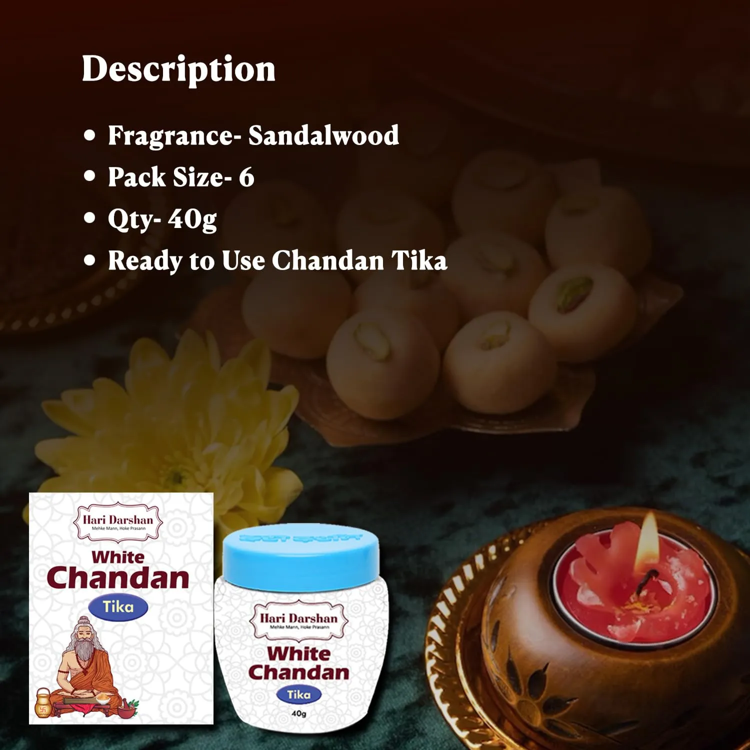 Hari Darshan Safed Chandan Tika - Pack of 6-40g Each | White Chandan Tilak | Pure Sandalwood Paste with Long Lasting Fragrance for Daily Pooja Havan