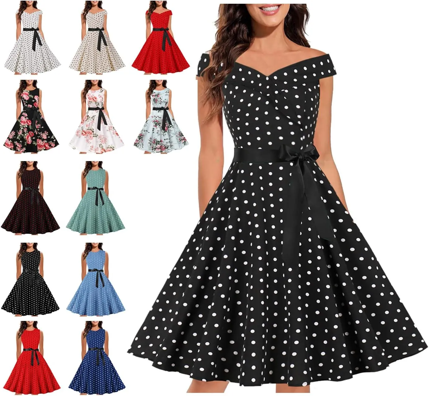 HGOOGY Off Shoulder Dresses for Women Summer Polka Dot Ladies Sun Dress Plus Size Wedding Guest Belt Midi Sundresses
