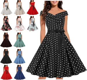 HGOOGY Off Shoulder Dresses for Women Summer Polka Dot Ladies Sun Dress Plus Size Wedding Guest Belt Midi Sundresses