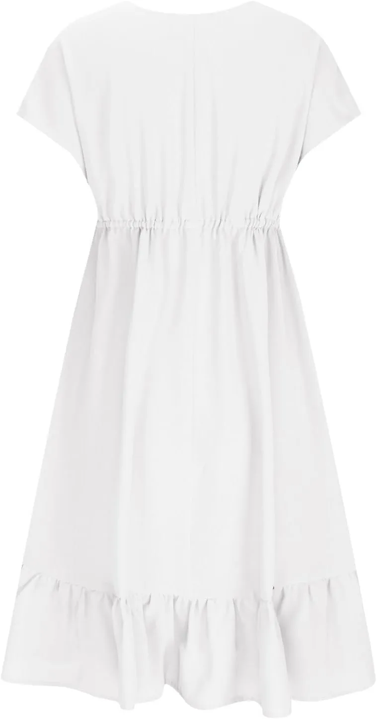 HGps8w 2025 Summer Women's Babydoll Dresses Short Sleeve V Neck Drawstring Casual Solid Ruffle A-Line Swing Mini Dress