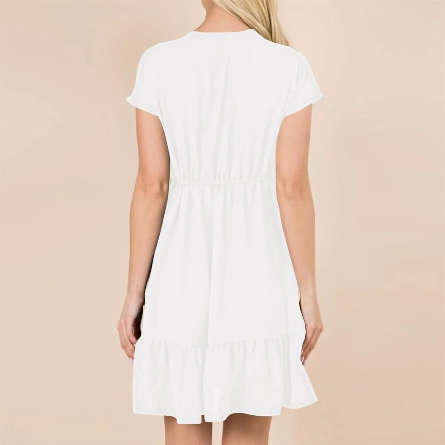 HGps8w 2025 Summer Women's Babydoll Dresses Short Sleeve V Neck Drawstring Casual Solid Ruffle A-Line Swing Mini Dress