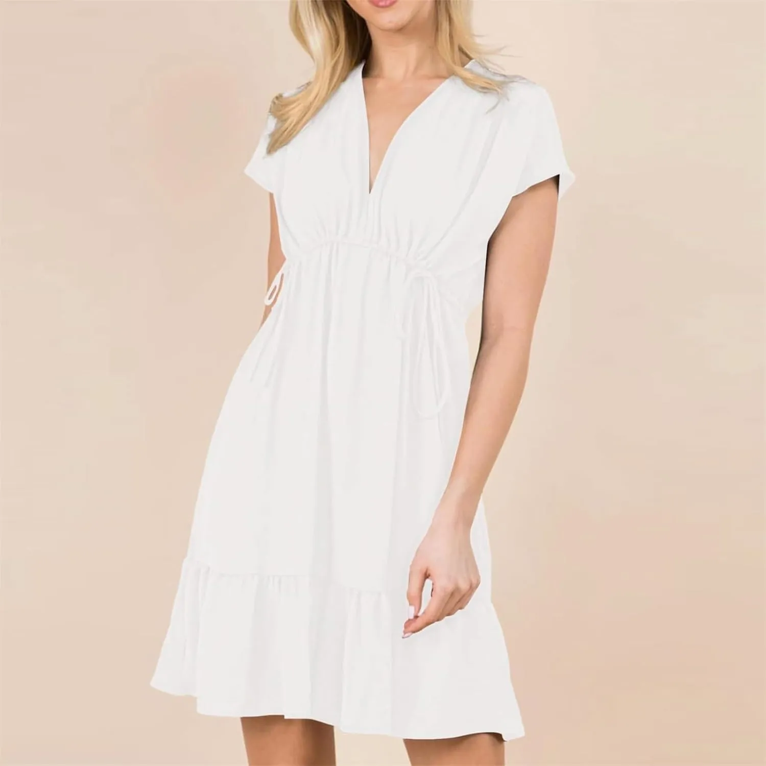 HGps8w 2025 Summer Women's Babydoll Dresses Short Sleeve V Neck Drawstring Casual Solid Ruffle A-Line Swing Mini Dress