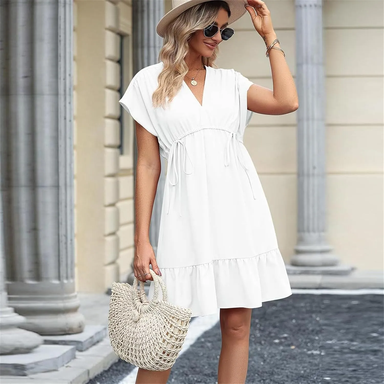 HGps8w 2025 Summer Women's Babydoll Dresses Short Sleeve V Neck Drawstring Casual Solid Ruffle A-Line Swing Mini Dress