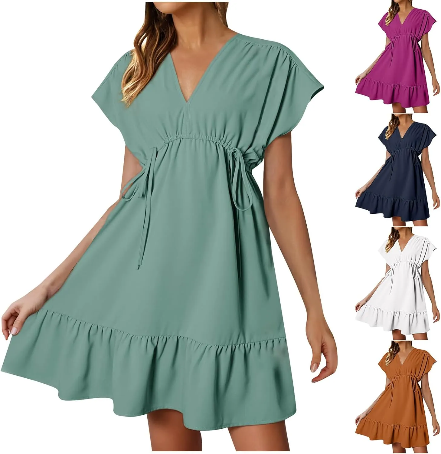 HGps8w 2025 Summer Women's Babydoll Dresses Short Sleeve V Neck Drawstring Casual Solid Ruffle A-Line Swing Mini Dress