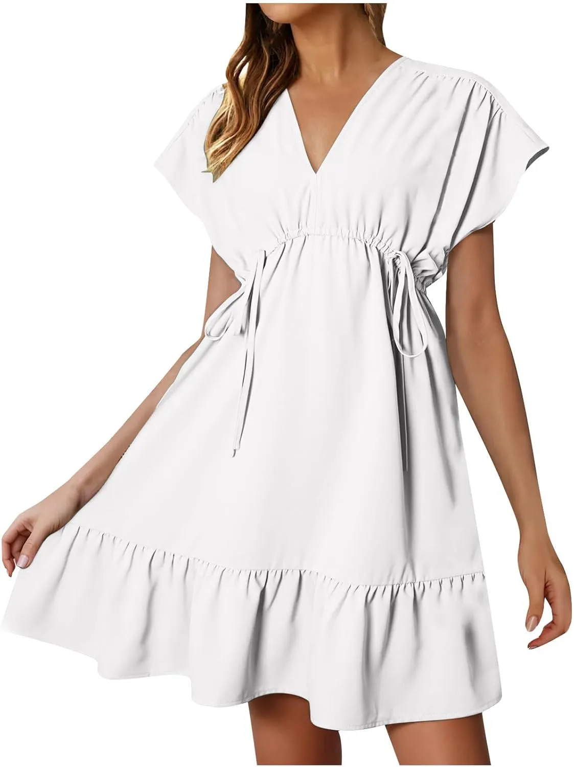 HGps8w 2025 Summer Women's Babydoll Dresses Short Sleeve V Neck Drawstring Casual Solid Ruffle A-Line Swing Mini Dress