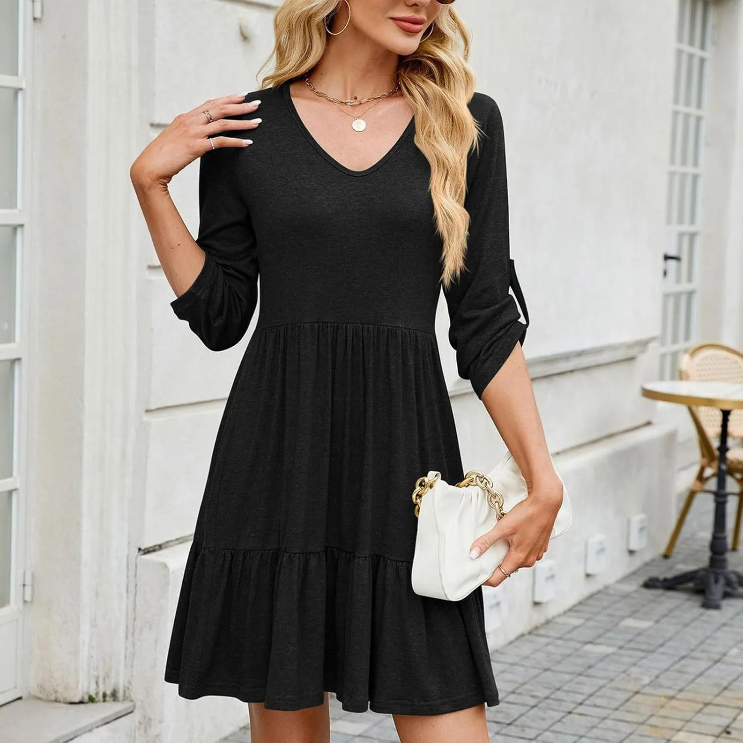 HGps8w 3/4 Sleeve Dress for Women Loose Solid Crewneck Ruffle Hem Casual A-Line Solid Mini Dresses