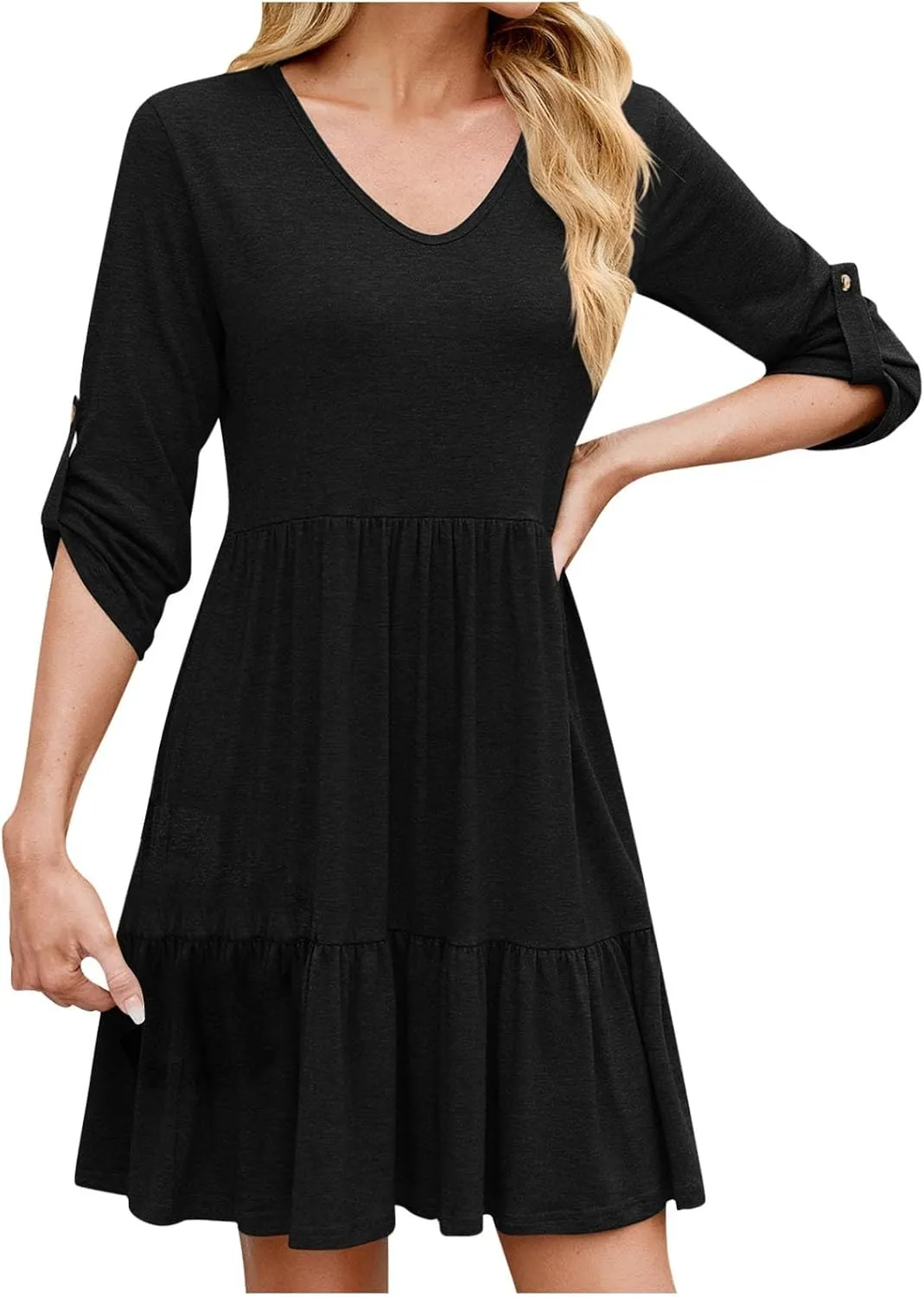 HGps8w 3/4 Sleeve Dress for Women Loose Solid Crewneck Ruffle Hem Casual A-Line Solid Mini Dresses