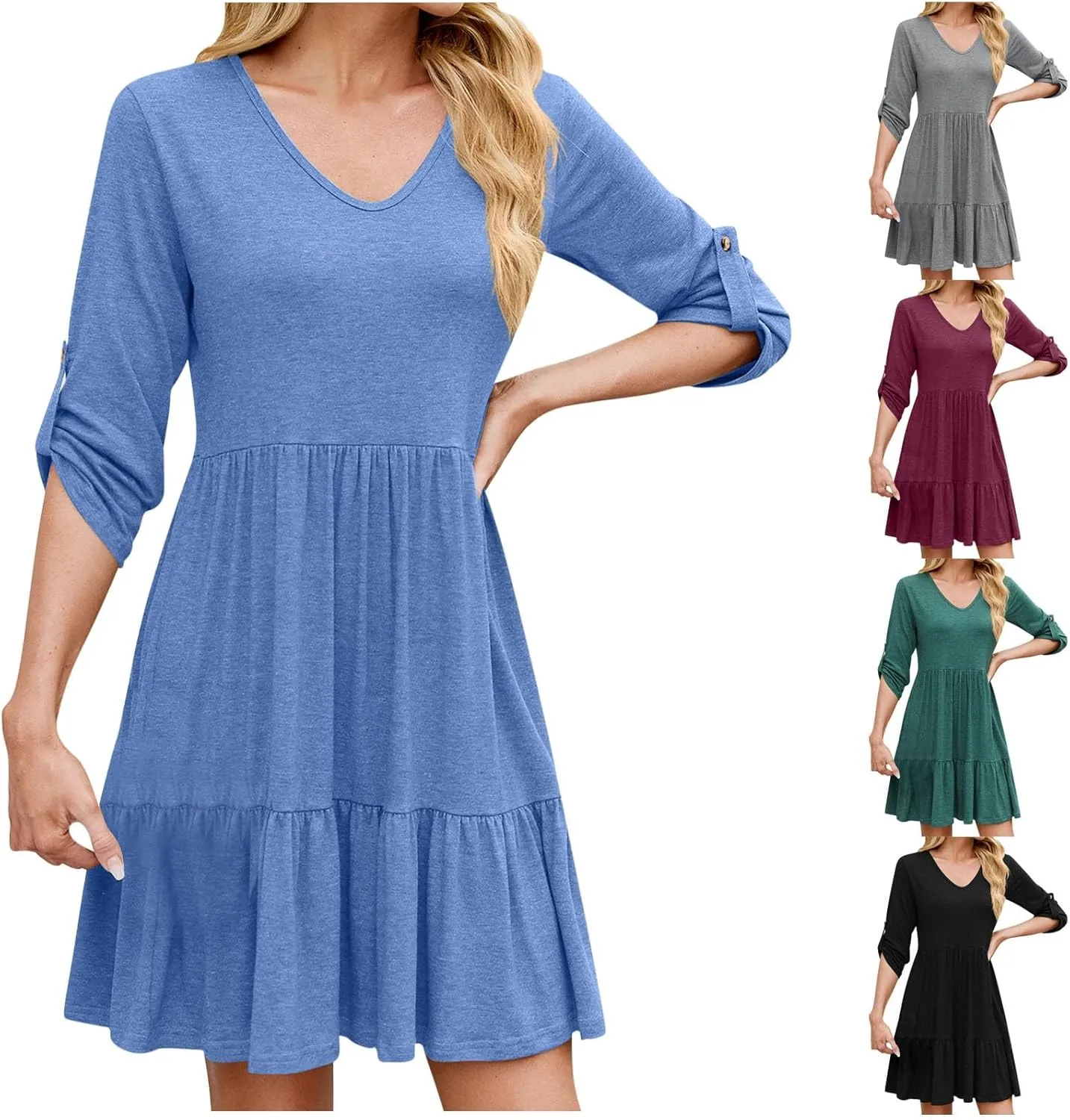 HGps8w 3/4 Sleeve Dress for Women Loose Solid Crewneck Ruffle Hem Casual A-Line Solid Mini Dresses