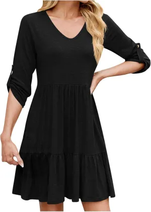 HGps8w 3/4 Sleeve Dress for Women Loose Solid Crewneck Ruffle Hem Casual A-Line Solid Mini Dresses