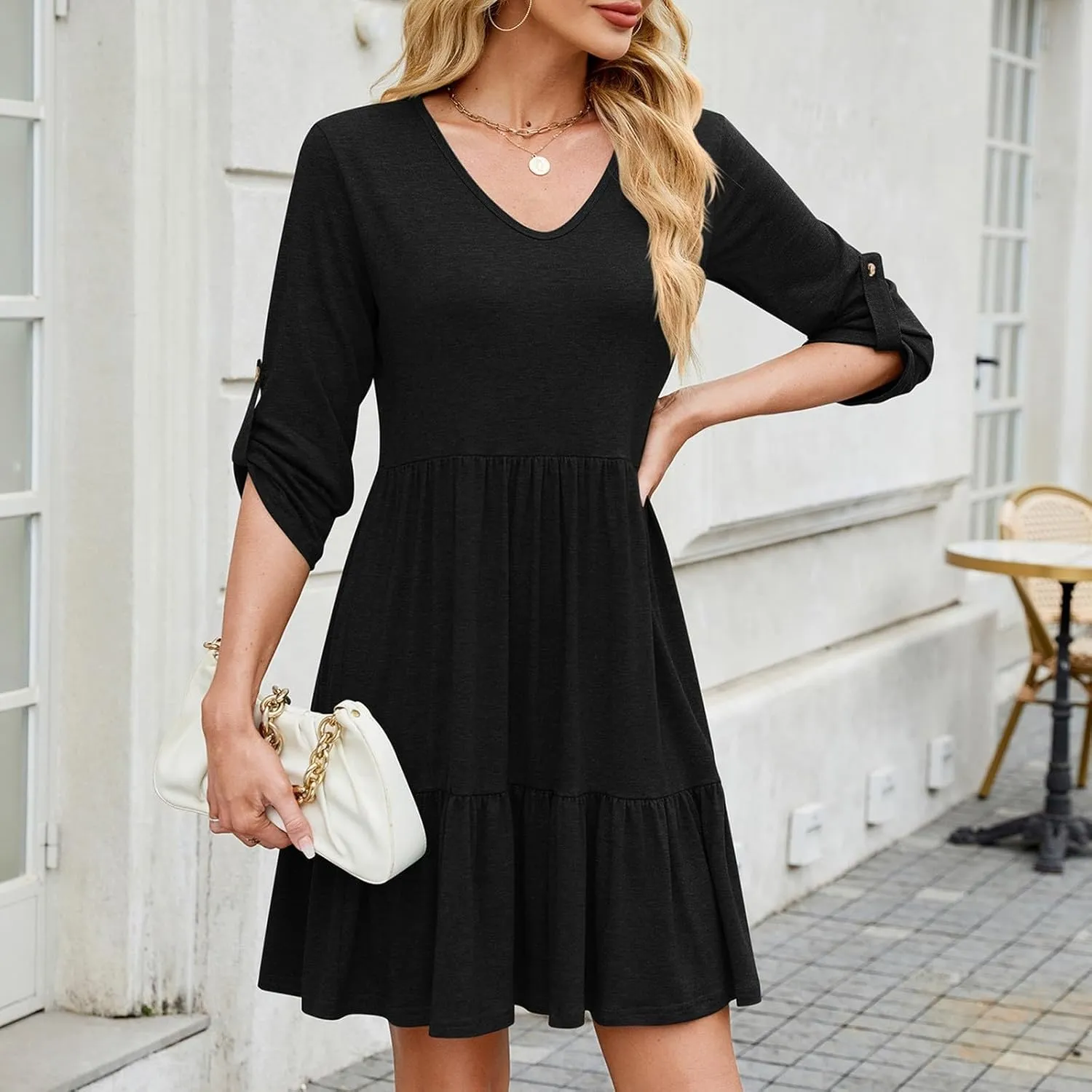 HGps8w 3/4 Sleeve Dress for Women Loose Solid Crewneck Ruffle Hem Casual A-Line Solid Mini Dresses