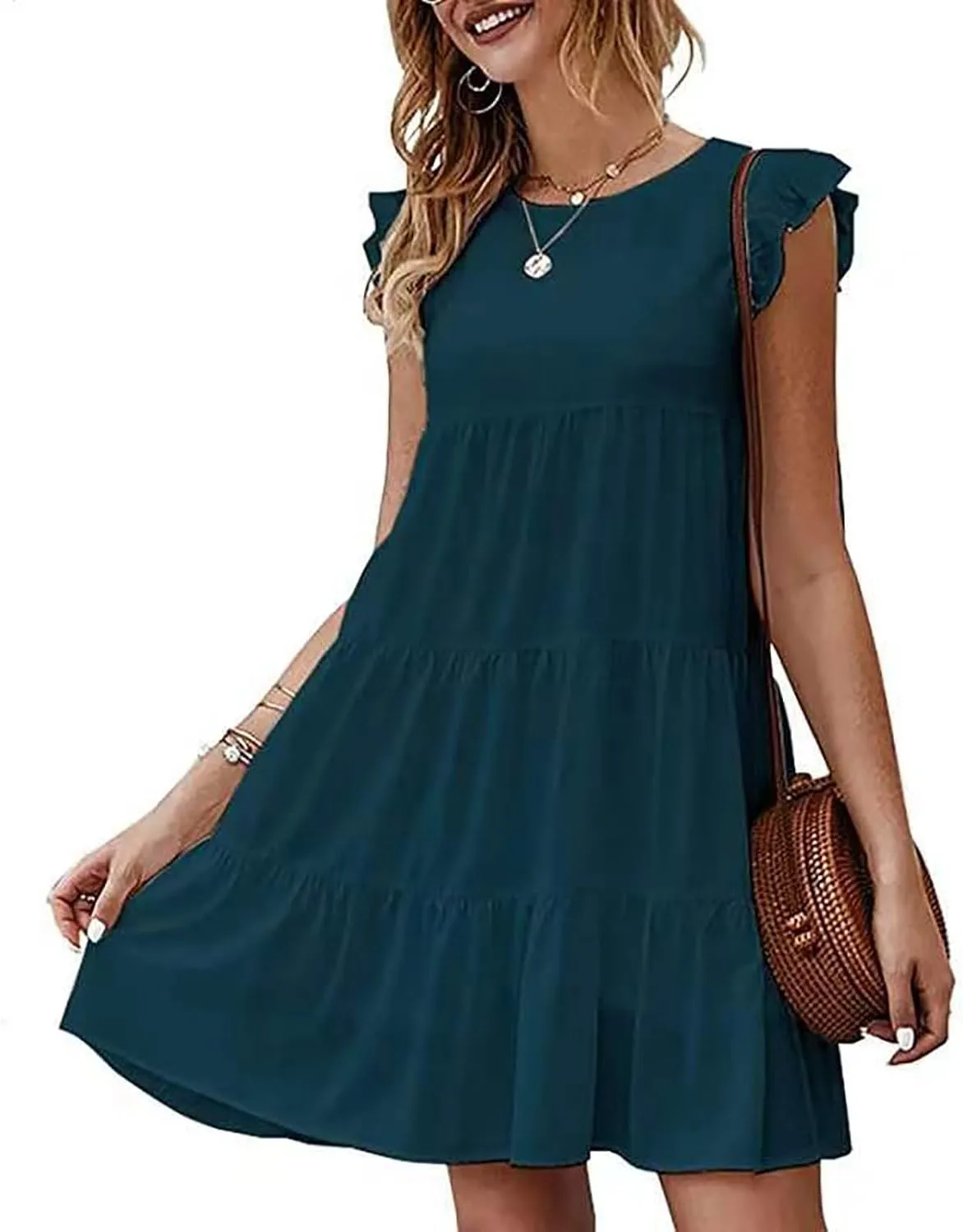 HGps8w Women's 2025 Summer Ruffle Sleeveless Mini Dresses Casual A-Line Tiered Swing Babydoll Dress Beach Vacation Sundress