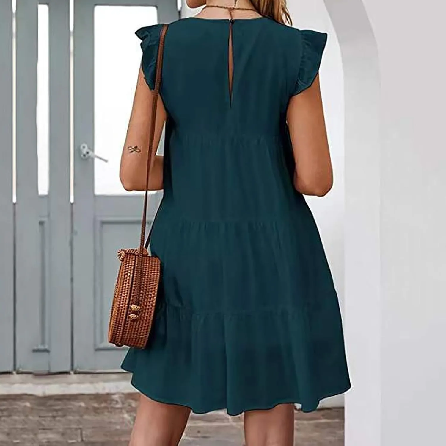 HGps8w Women's 2025 Summer Ruffle Sleeveless Mini Dresses Casual A-Line Tiered Swing Babydoll Dress Beach Vacation Sundress