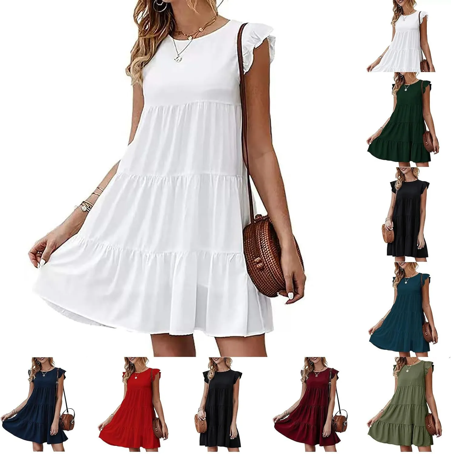 HGps8w Women's 2025 Summer Ruffle Sleeveless Mini Dresses Casual A-Line Tiered Swing Babydoll Dress Beach Vacation Sundress