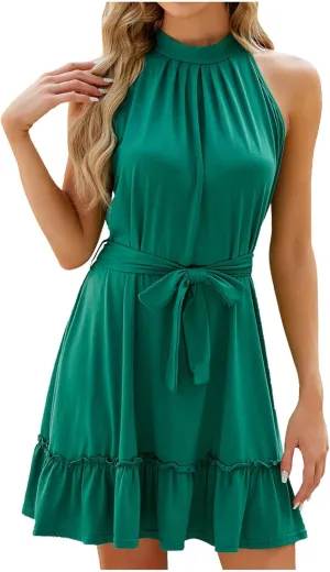 HGps8w Women's Summer Halter Neck Mini Dresses 2025 Sleeveless A-Line Tiered Ruffle Hem Casual Beach Dress with Belt