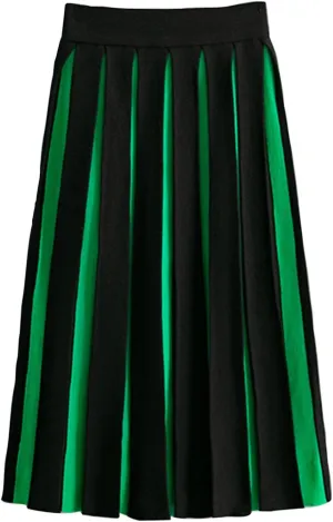 HGps8w Women's Vintage Color Block Knitted Skirts, Elegant Elastic High Waist A-Line Pleated Midi Skirts