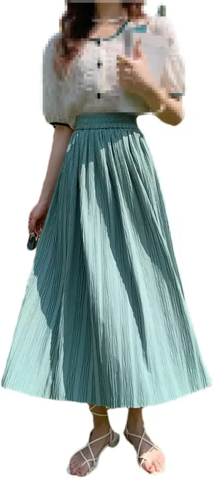 High Waist Pleated Skirts Women Spring Summer Solid Folds A Line Midi Long Skirt