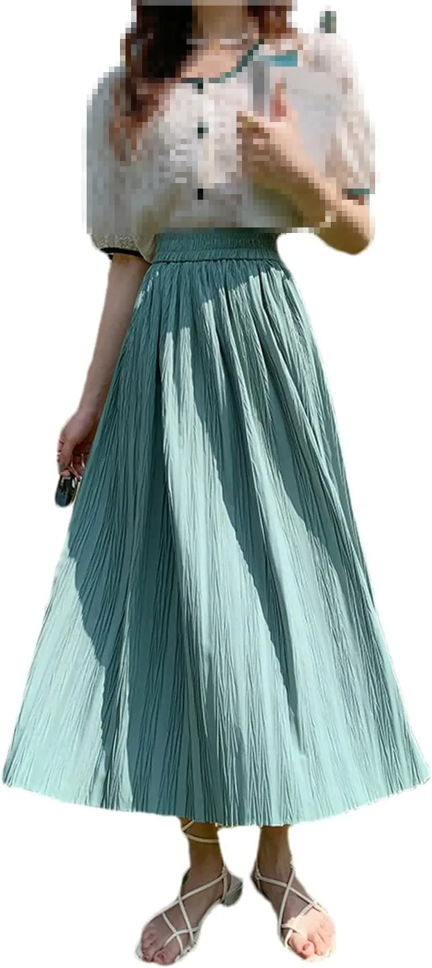 High Waist Pleated Skirts Women Spring Summer Solid Folds A Line Midi Long Skirt