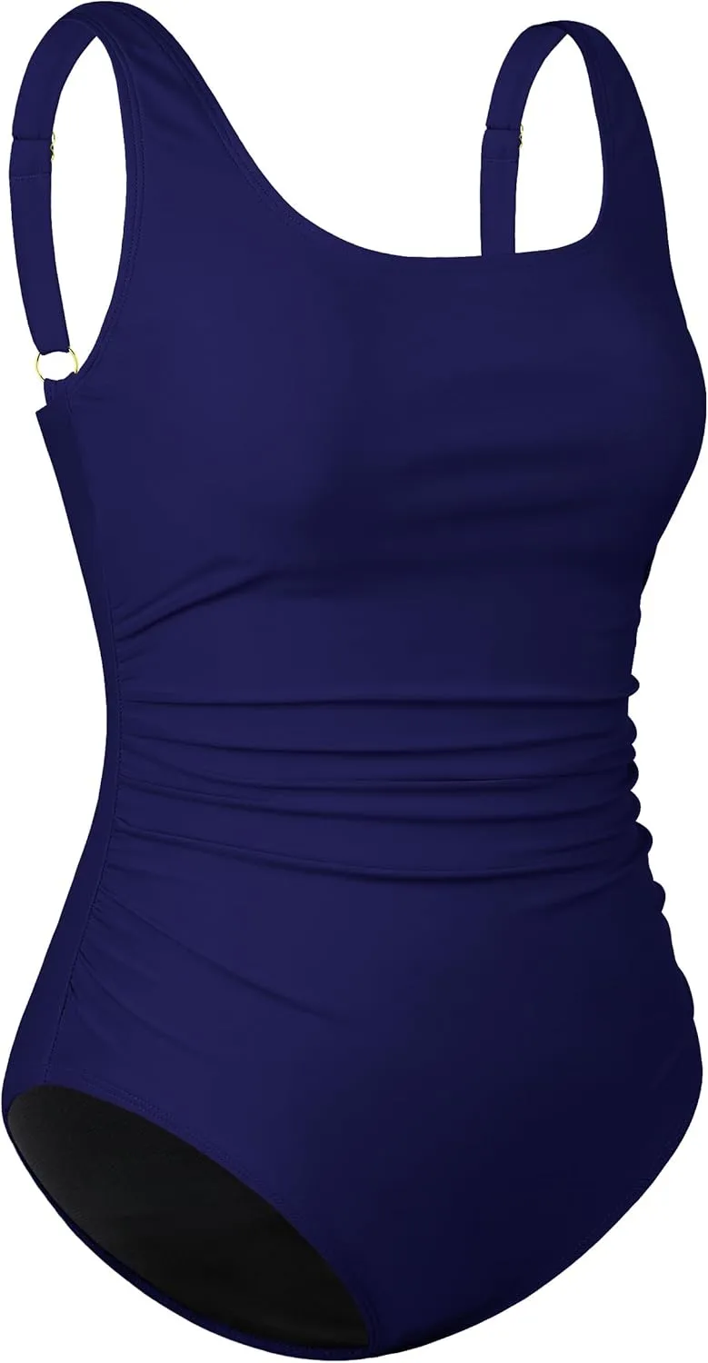 Hilor Women's Underwire One Piece Swimsuit Long Torso Ruched Tummy Control Bathing Suits Push Up Tank Swimwear