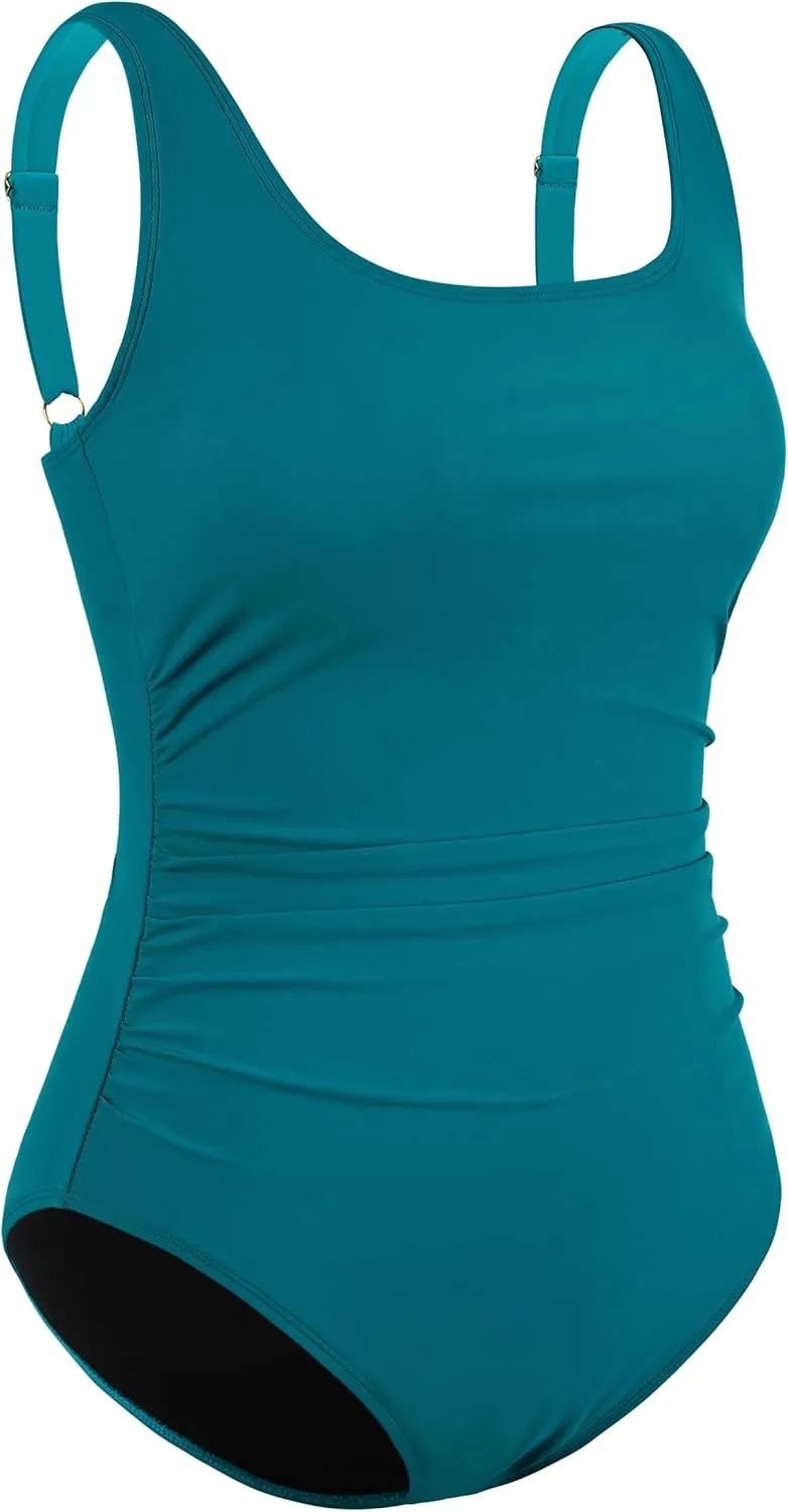 Hilor Women's Underwire One Piece Swimsuit Long Torso Ruched Tummy Control Bathing Suits Push Up Tank Swimwear