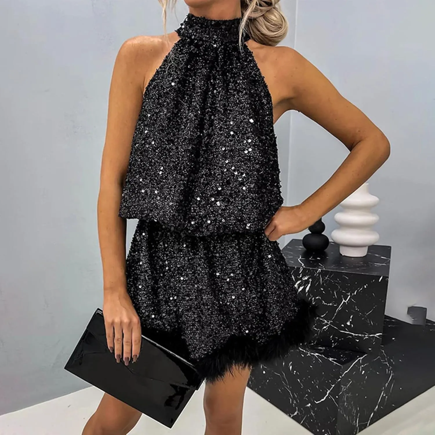 hlysgo Formal Dresses for Women Faux Fur Trim Sleeveless Mock Neck Midi Dress Sparkly Glitter Sequin Dress Evening Ball Gown