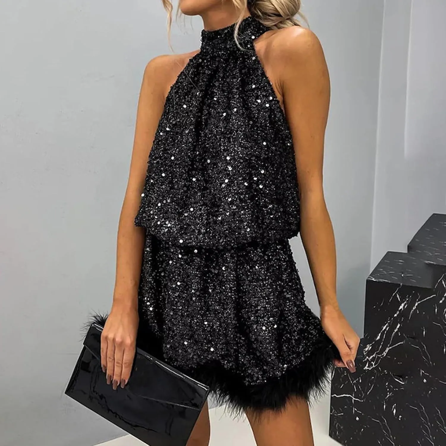 hlysgo Formal Dresses for Women Faux Fur Trim Sleeveless Mock Neck Midi Dress Sparkly Glitter Sequin Dress Evening Ball Gown