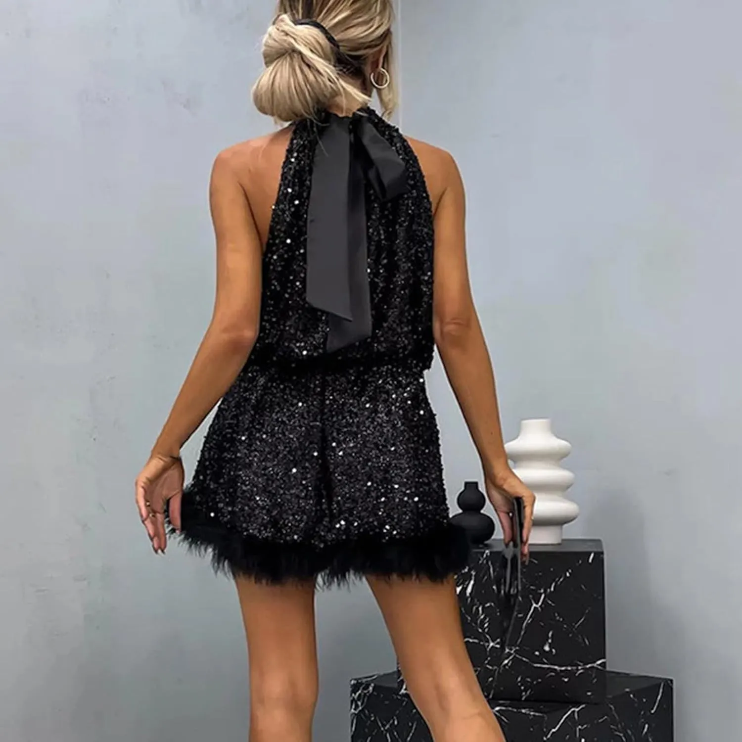 hlysgo Formal Dresses for Women Faux Fur Trim Sleeveless Mock Neck Midi Dress Sparkly Glitter Sequin Dress Evening Ball Gown