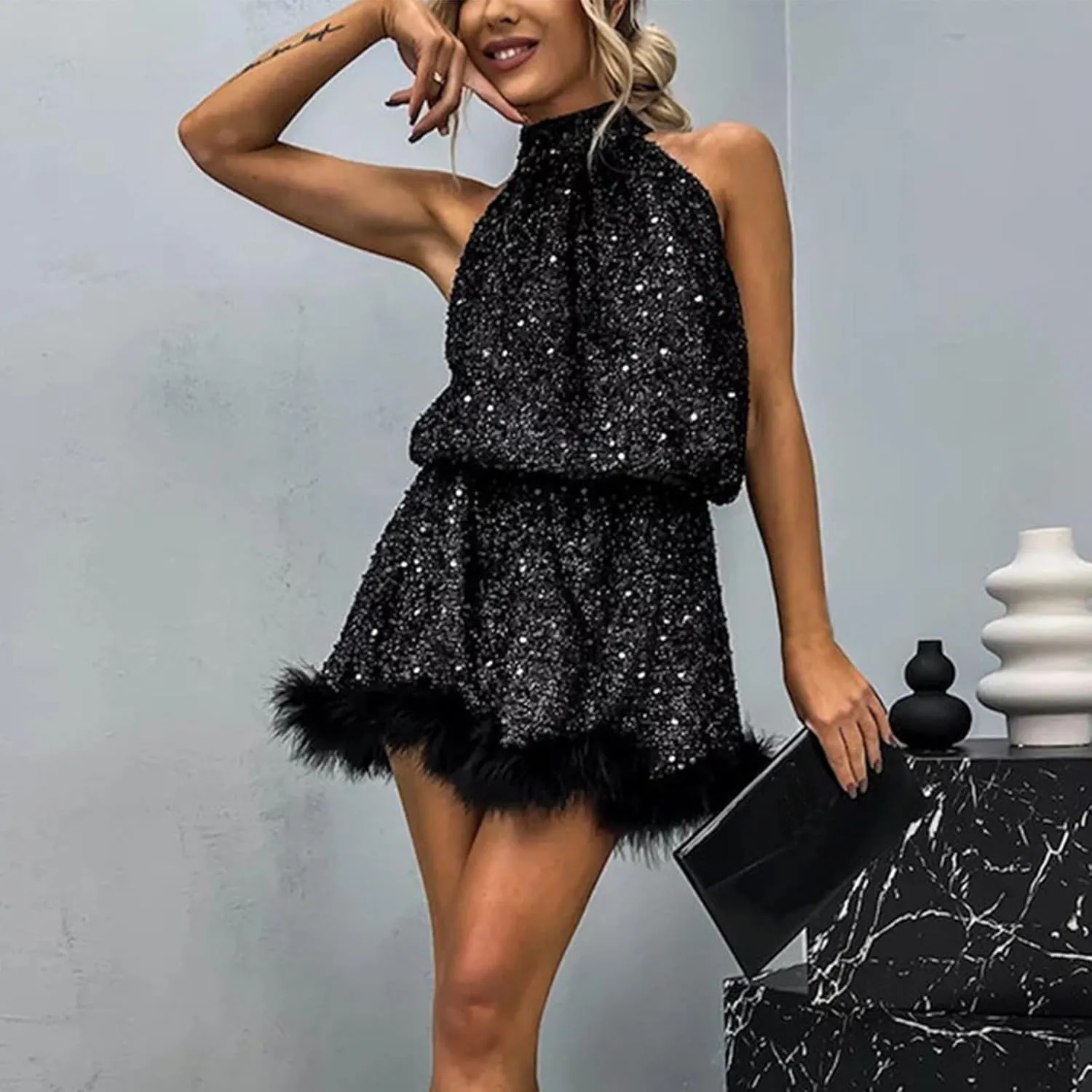 hlysgo Formal Dresses for Women Faux Fur Trim Sleeveless Mock Neck Midi Dress Sparkly Glitter Sequin Dress Evening Ball Gown