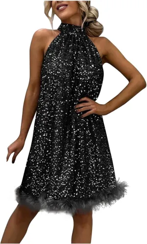 hlysgo Formal Dresses for Women Faux Fur Trim Sleeveless Mock Neck Midi Dress Sparkly Glitter Sequin Dress Evening Ball Gown