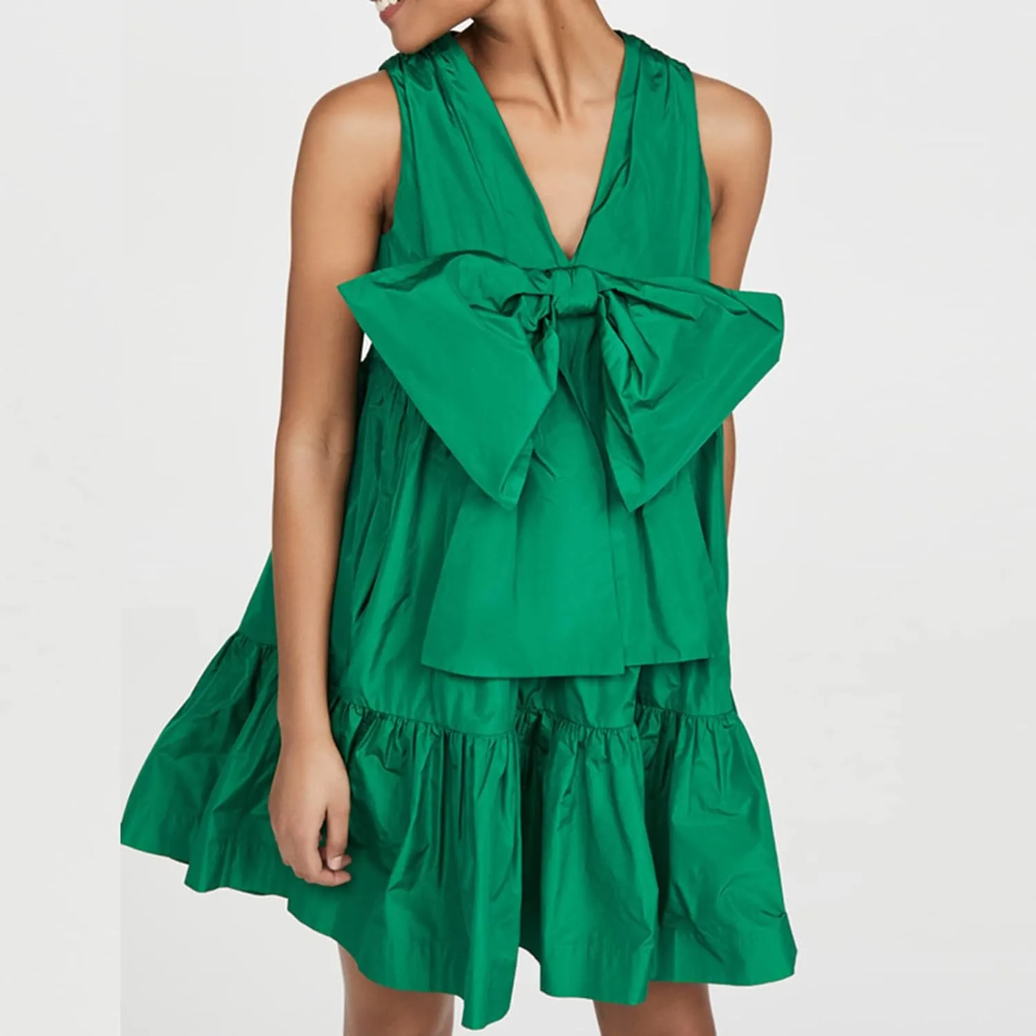 hlysgo Women's Summer Dress Casual Loose Fit Sleeveless V Neck Knee Length Beach Sundress Cute Front Tie-Bow Mini Dresses