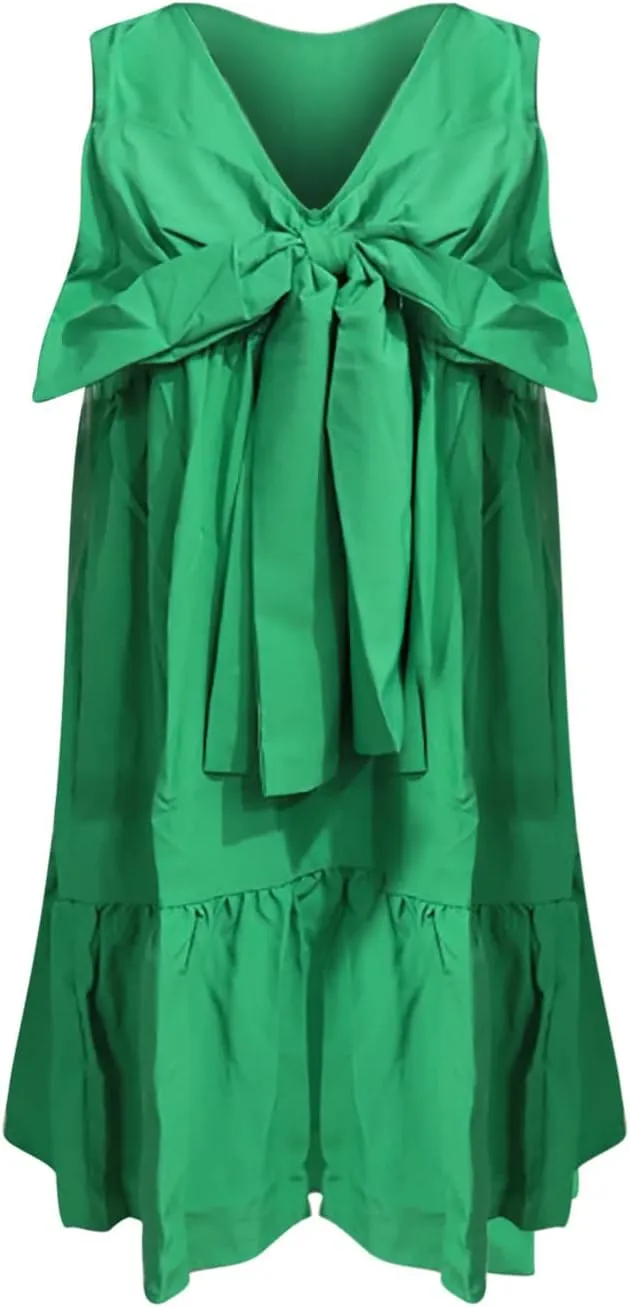 hlysgo Women's Summer Dress Casual Loose Fit Sleeveless V Neck Knee Length Beach Sundress Cute Front Tie-Bow Mini Dresses