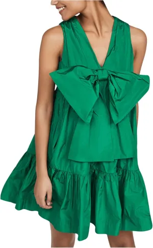 hlysgo Women's Summer Dress Casual Loose Fit Sleeveless V Neck Knee Length Beach Sundress Cute Front Tie-Bow Mini Dresses