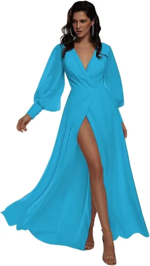 homdor V Neck Long Sleeve Bridesmaid Dress Chiffon Prom Dress Wrap Formal Evening Gowns for Women with Slit