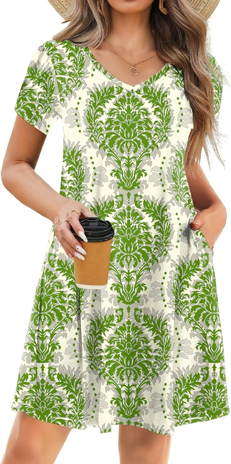 HOTOUCH Womens Summer Floral Beach V Neck Dresses Short Sleeve T Shirt Sundresses with Pockets 2025 Hawaiian Vacation