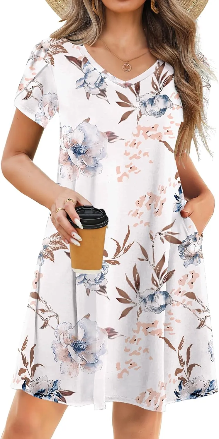 HOTOUCH Womens Summer Floral Beach V Neck Dresses Short Sleeve T Shirt Sundresses with Pockets 2025 Hawaiian Vacation