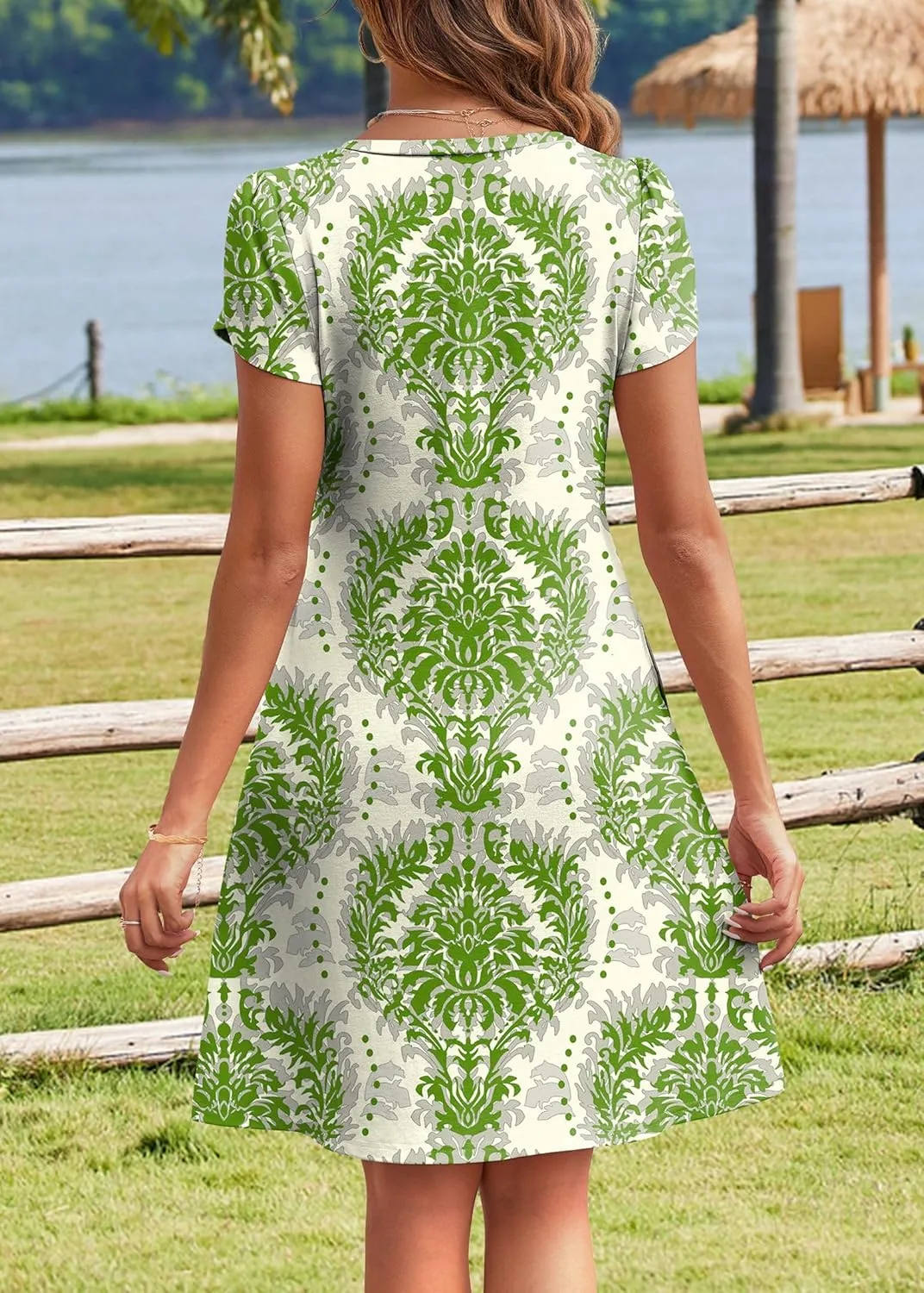 HOTOUCH Womens Summer Floral Beach V Neck Dresses Short Sleeve T Shirt Sundresses with Pockets 2025 Hawaiian Vacation
