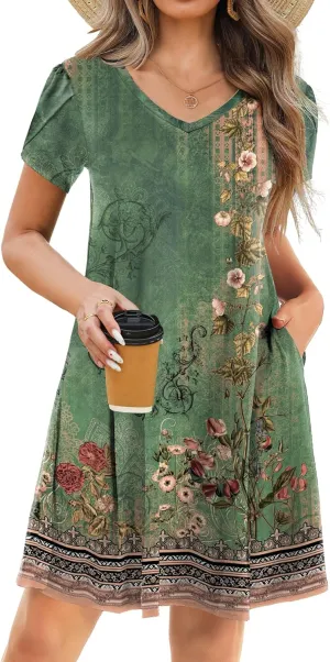 HOTOUCH Womens Summer Floral Beach V Neck Dresses Short Sleeve T Shirt Sundresses with Pockets 2025 Hawaiian Vacation