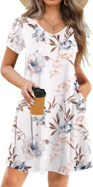 HOTOUCH Womens Summer Floral Beach V Neck Dresses Short Sleeve T Shirt Sundresses with Pockets 2025 Hawaiian Vacation
