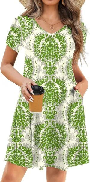 HOTOUCH Womens Summer Floral Beach V Neck Dresses Short Sleeve T Shirt Sundresses with Pockets 2025 Hawaiian Vacation