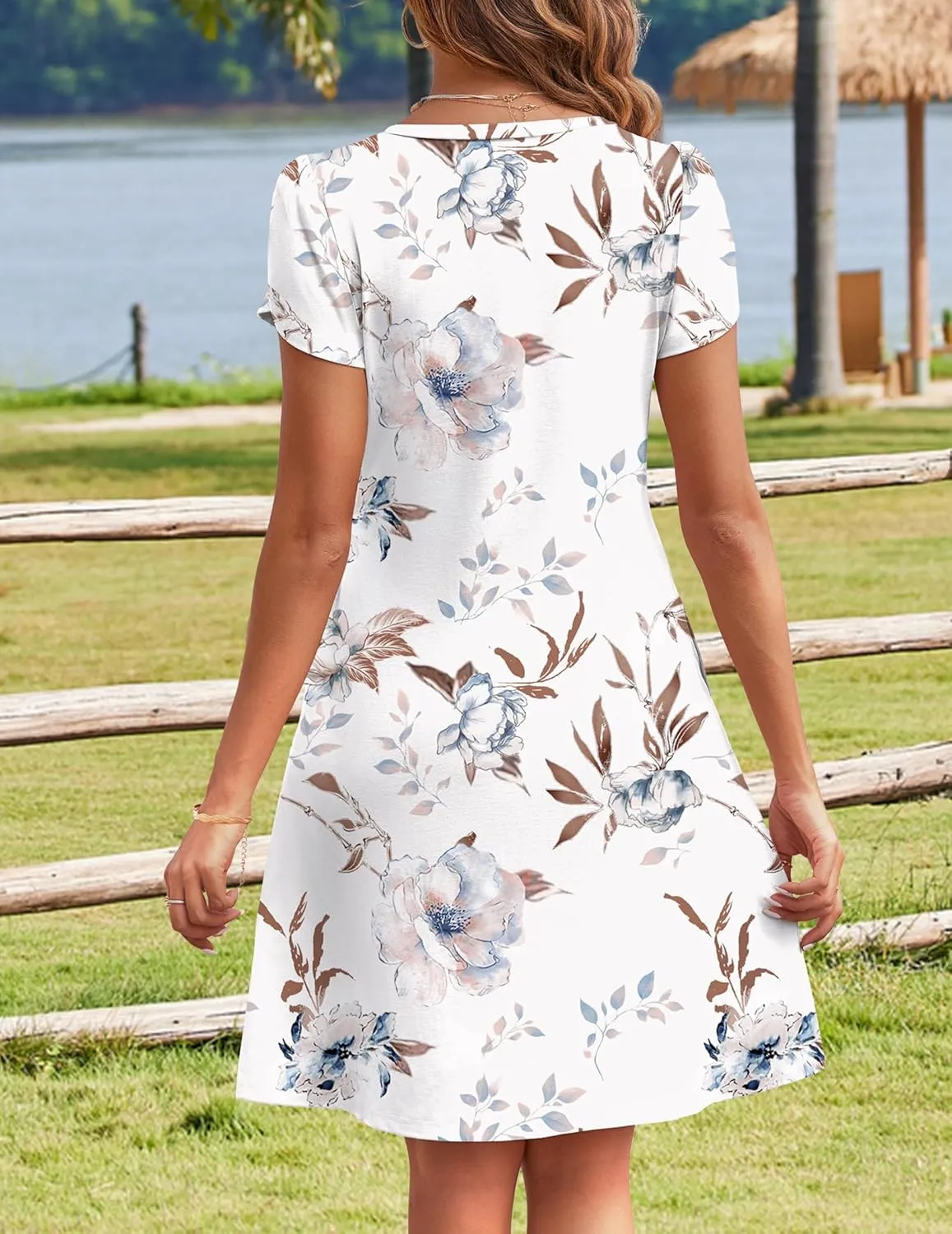 HOTOUCH Womens Summer Floral Beach V Neck Dresses Short Sleeve T Shirt Sundresses with Pockets 2025 Hawaiian Vacation