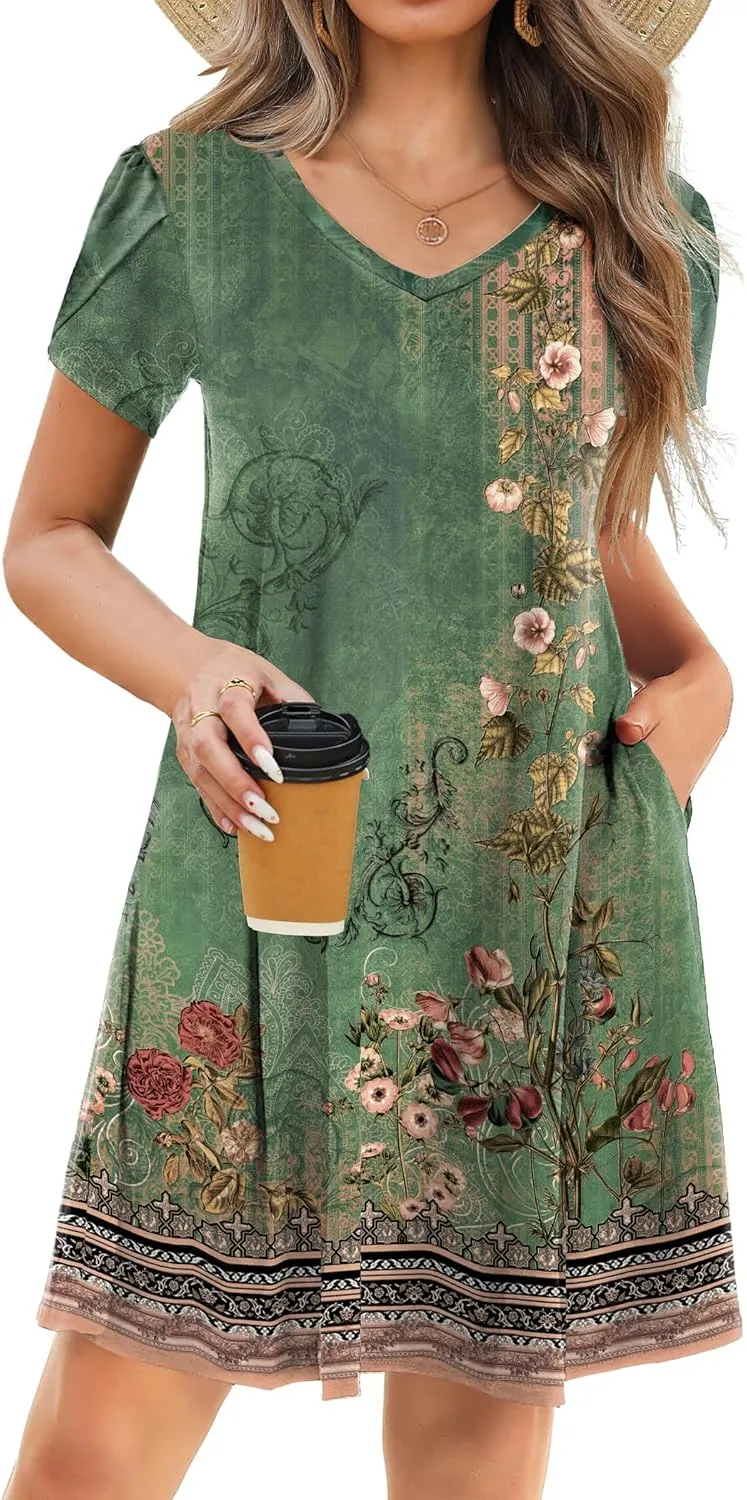 HOTOUCH Womens Summer Floral Beach V Neck Dresses Short Sleeve T Shirt Sundresses with Pockets 2025 Hawaiian Vacation