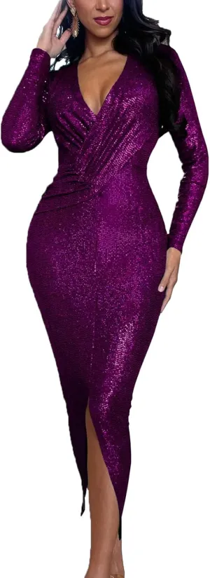 HugeNice Women's Glitter Sequin Dress Long Sleeve Cocktail Party Sparkly Midi Dresses Clubwear