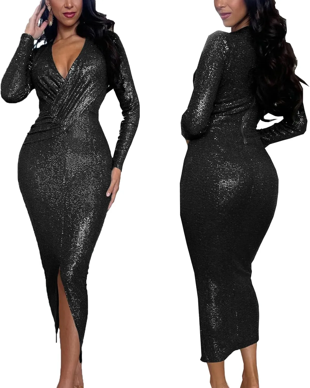 HugeNice Women's Glitter Sequin Dress Long Sleeve Cocktail Party Sparkly Midi Dresses Clubwear