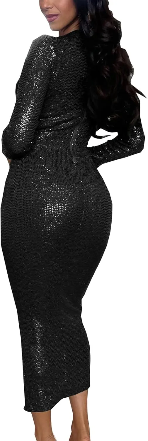 HugeNice Women's Glitter Sequin Dress Long Sleeve Cocktail Party Sparkly Midi Dresses Clubwear