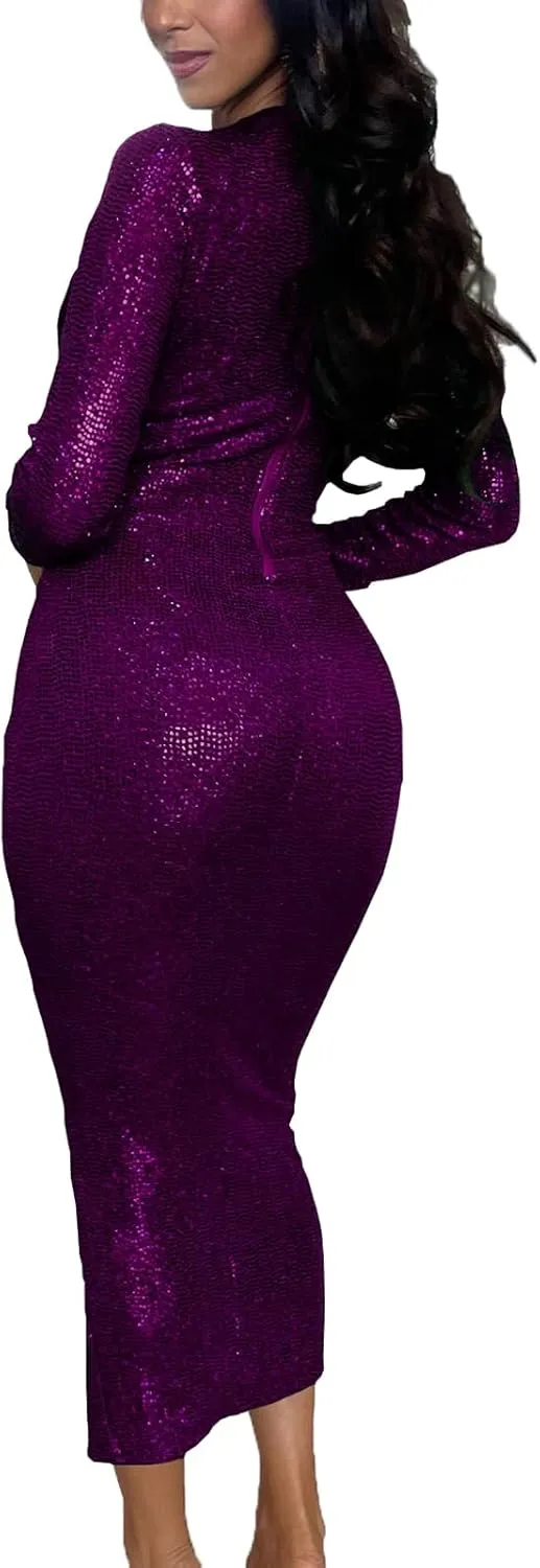 HugeNice Women's Glitter Sequin Dress Long Sleeve Cocktail Party Sparkly Midi Dresses Clubwear