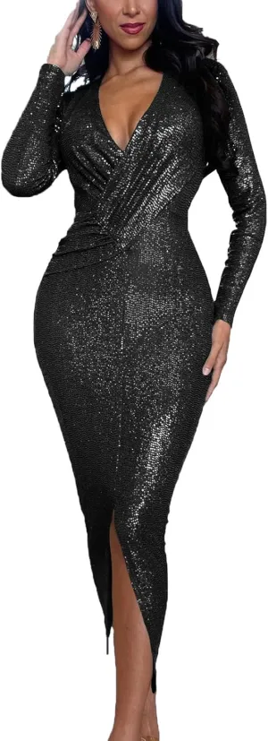 HugeNice Women's Glitter Sequin Dress Long Sleeve Cocktail Party Sparkly Midi Dresses Clubwear