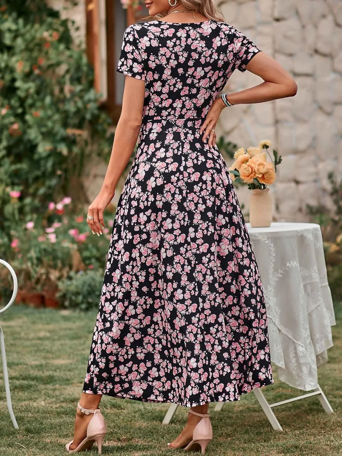 HUHOT Women's Short Sleeve Wrap V Neck Dresses for Wedding Guest Summer Floral Maxi Sundresses with Pockets Boho Dress